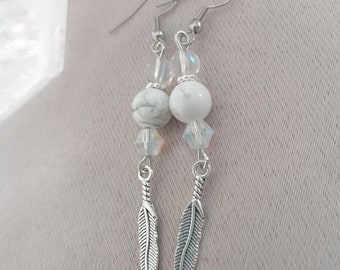 Boucles d'oreilles plumes, Angel Howlite, angel aura