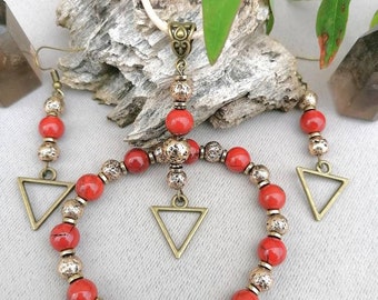 3-piece basalt red jasper set, Mayan Spirit Supreme Protector, triangle jewel
