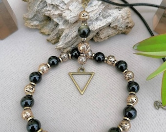 2-piece golden obsidian basalt set, Supreme Protector Mayan Spirit, triangle jewelry, Mother's Day jewelry