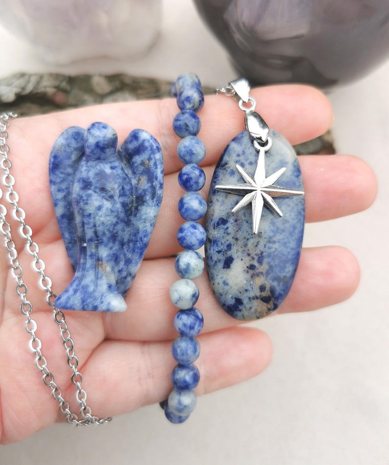 Sodalite Set, Engraved Angel and Bracelet Etsy