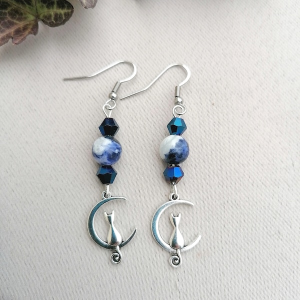 Boucles d'oreilles sodalite Artémis chat lune crochetacier