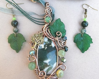 Fairy tree agate medallion and earrings