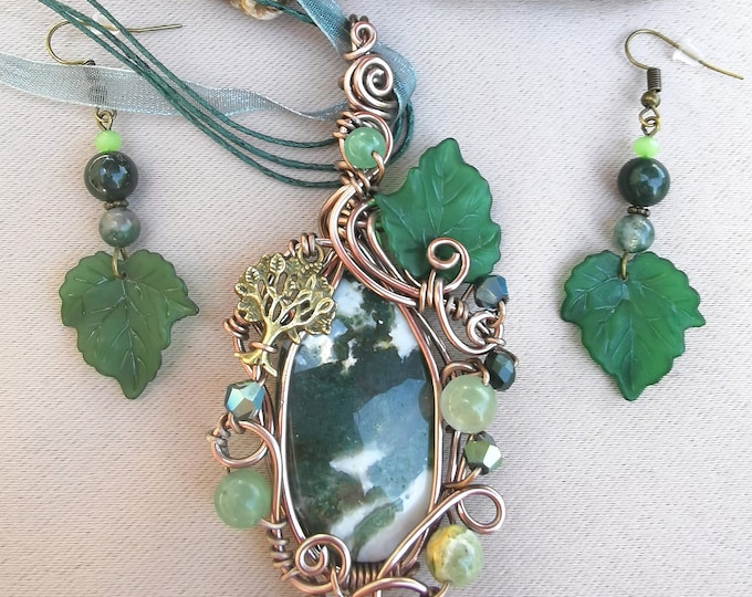 Fairy tree agate medallion and earrings