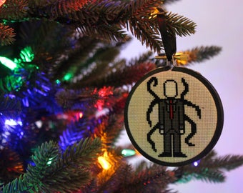 Slender Man cross stitch ornament