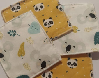 10 Lingettes lavables bébé  en microfibre et coton duo de pandas