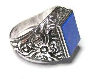 Belle bague vintage avec lapis lazuli plat,  argent sterling 925