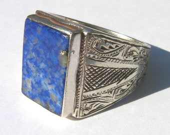 Bague vintage avec lapis lazuli plat,  argent sterling 925