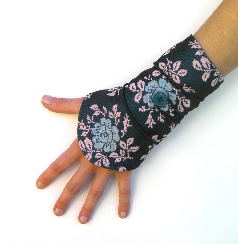 Sleeves Fingerless gloves , blues flowers, size SM to M image 1