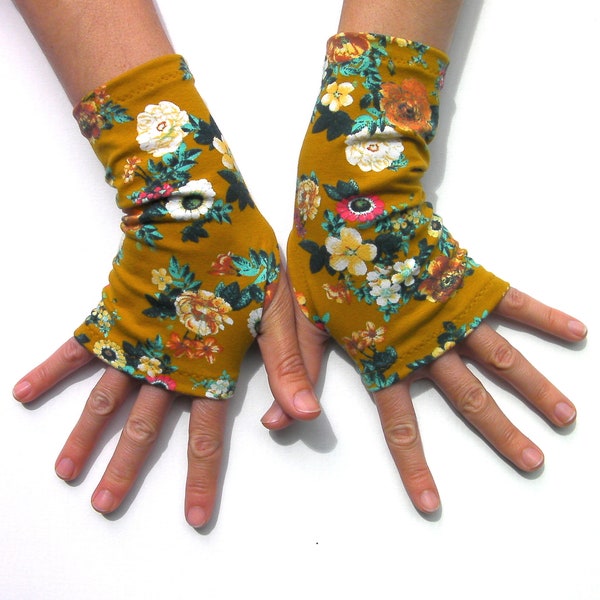 Floral fingerless gloves in grey cotton jersey;  romantic spring-summer gloves ...