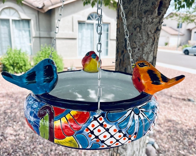 Talavera Birdbath Mexican Pottery Hanging Bird W/chain Folk Etsy