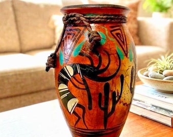 Jarrón de cerámica mexicana de 23 cm (9 pulgadas), cerámica de arte popular, maceta de cuerda con forma de cactus Kokopelli, arcilla rústica del suroeste.
