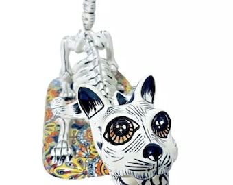 Mexican Talavera Catrina Cat Statue Skeleton Day Of The Dead Figure Folk Art Pottery Dia De Los Muertos