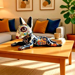 Mexican Talavera Dog Animal Figure Bull Terrier Pottery Art Day of The Dead Muertos Skeleton
