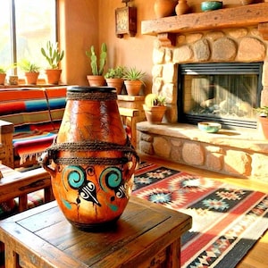 May include: A rustic living room with a large, decorated ceramic vase on a wooden table. The vase is brown with turquoise and black painted details and rope accents. A fireplace, rug, and plants add to the Southwestern decor.