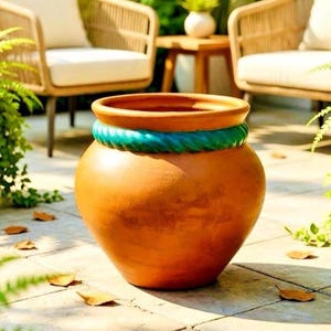 May include: A terracotta-colored clay planter with a wide, rounded body and a thick, textured teal rope-like band encircling the upper neck. The pot features a smooth, matte finish and a wide, open circular rim at the top for planting.