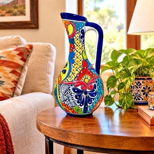May include: A ceramic pitcher featuring a vibrant, multi-colored hand-painted pattern with bold floral and geometric motifs in shades of blue, red, yellow, and green, complete with a curved handle and a flared rim.