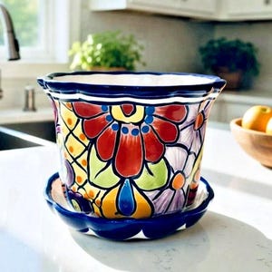 Talavera Pottery Planter Pot Mexican Ceramic Flower Pot Cobalt Blue W/ Tray 5" x 6"