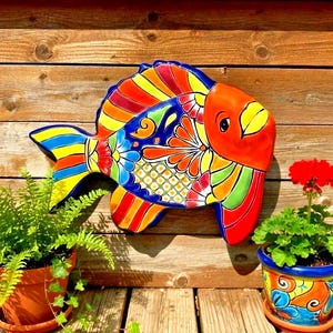 Poisson Talavera mexicain 17 po. XL à suspendre, poterie, oeuvre d'art folklorique