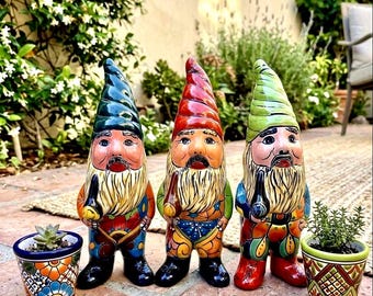 Talavera Mexicaanse aardewerk kabouterfiguren set van 3 volkskunst 12"keramisch tuinbeeldje