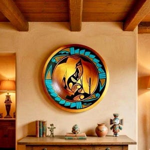 Puede incluir: Un plato decorativo grande y redondo con un diseño dorado, negro y turquesa está montado en una pared beige. El plato presenta un diseño central con dos figuras y un borde con formas geométricas. Una mesa de madera debajo contiene libros y objetos decorativos.