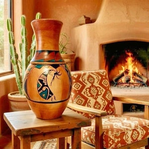 Puede incluir: Un jarrón artesanal de cerámica marrón con un diseño nativo americano detallado, con una figura y patrones geométricos en verde azulado y negro. El jarrón está sobre una mesa de madera en una habitación cálida y rústica.