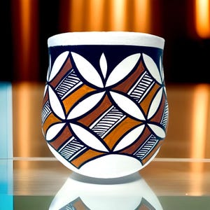 May include: A hand-painted ceramic pot with a white base and rim. The pot features a repeating geometric pattern in brown, orange, black, and white. The design includes leaf-like shapes and striped rectangles. The pot is displayed on a reflective surface.
