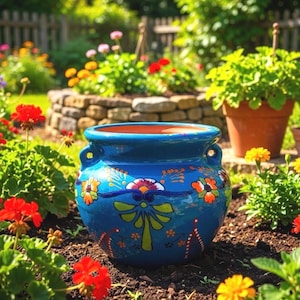 Talavera Pottery Planter Mexican Ceramic Blue Flower Pot Folk Art