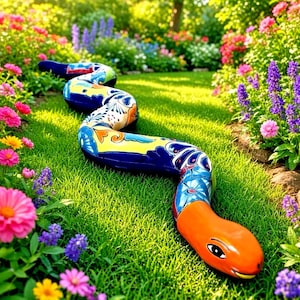 May include: A long, winding ceramic snake sculpture featuring a vibrant, multi-colored Talavera-style pattern. The body displays intricate blue, yellow, and orange floral motifs, while the head is a solid, smooth orange with painted black eyes.