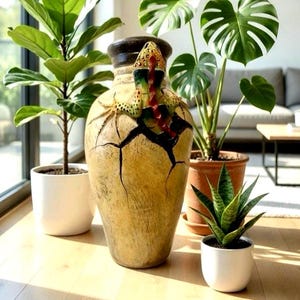 Mexican Pottery Vase 19" Folk Art Pottery Lizard Iguana Pot Southwest Clay Rustic