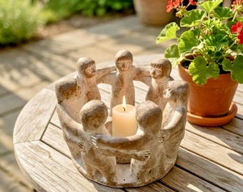 Mexican Circle of Friends Folk Art Clay Pottery Candle Holder Mayan Aztec Rustic Sculpture  Primitive Terracotta Círculo De Amigos