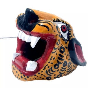 Mexican Jaguar Mask Wood Hand Carved Wall Or Surface Folk Art Guerrero Rustic Mayan Aztec