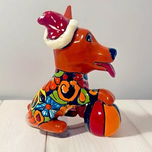 Mexican Talavera Dog Animal Figure Santa Hat Ball Chihuahua Folk Art Christmas