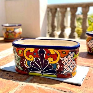 Talavera Extra Large 18” Planter Oval Mexican Ceramic Trough Pot Folk Art Pottery