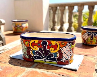 Vaso ovale in ceramica messicana Talavera Extra Large da 18 pollici, stile arte popolare.