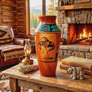 Mexican Vase Folk Art Pottery Navajo Horse Rider Pot Southwest Clay Rustic 15" Aztec