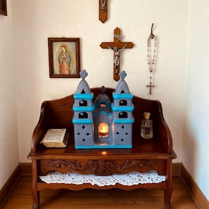 Mexican Mission Church With Crosses XL Terracotta Clay Folk Art Pottery Handmade Sculpture Candle Holder