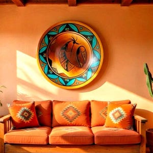 Puede incluir: Salón de estilo suroeste con un sofá naranja y cojines decorativos. Un plato grande y redondo pintado a mano con un diseño de pájaro cuelga de la pared. Un cactus en maceta y una pequeña mesa con una planta completan la escena.
