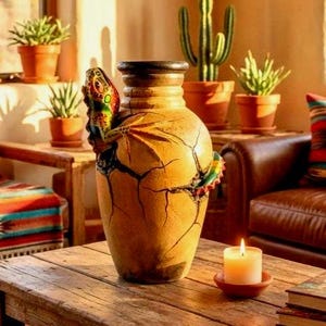 Mexican Pottery Vase 16" Folk Art Pottery Lizard Iguana Pot Southwest Clay Rustic