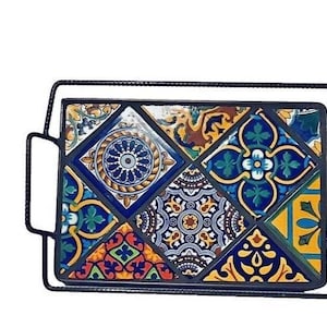 Mexican Talavera Tile Pottery Tray Platter Server Dish Large 15.5" Coffee Server Centerpiece