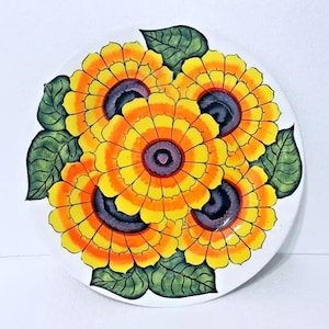 Mexican Talavera Dish Hanging Plate 15&quot; Guerrero Folk Art Pottery Sunflower