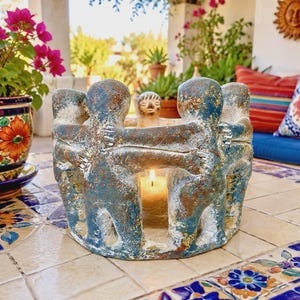 Mexican Circle of Friends Folk Art Clay Pottery Candle Holder Mayan Aztec Rustic Sculpture  Primitive Terracotta Círculo De Amigos