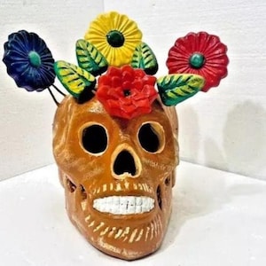Mexican Sugar Skull With Clay Flowers Muertos Day of the Dead Calavera Head Pottery Folk Art