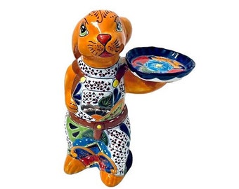 Talavera Rabbit Pottery Animal Mexican Folk Art 16" Farmer Bunny Figure Holding Plate