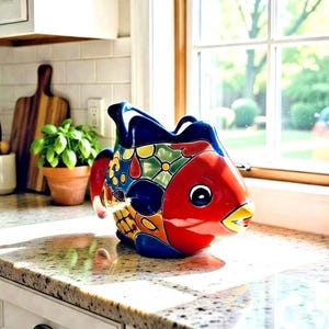 Talavera Mexican Angelfish Fish Planter Pottery Folk Art 12'' Window Pot Ceramic Garden