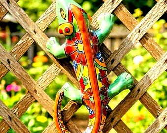 Cerámica de pared con figura de iguana, gecko y 16 pulgadas, estilo Talavera mexicana.