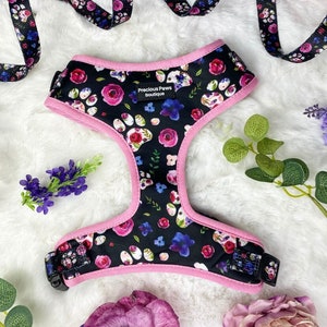 Dog harness floral dog harness dog lead pink and purple
