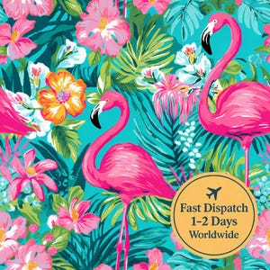 May include: A colourful tropical pattern with pink flamingos, green leaves, and bright flowers on a turquoise backdrop. The design includes hibiscus and other exotic blooms, creating a lively and summery aesthetic.
