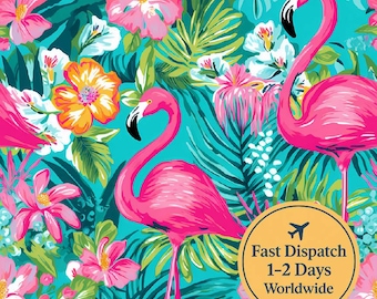 May include: A vibrant tropical pattern featuring pink flamingos, lush green foliage, and colorful flowers against a turquoise background. The design includes hibiscus and other exotic blooms, creating a lively and summery aesthetic.