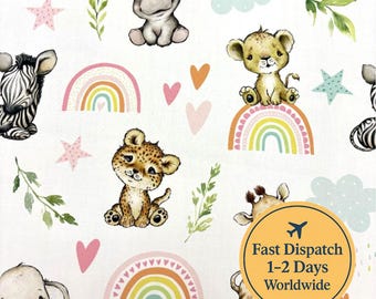 Safari Rainbow Fabric Baby Safari Animals Pink Fabric Safari Theme Lion Zebra Giraffe Baby Nursery Fabric