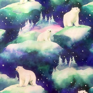 Polar Bear Fabric with Northern Lights – Arctic Wildlife Cotton Winter Animal Quilt Fabric Aurora Borealis Sewing Material